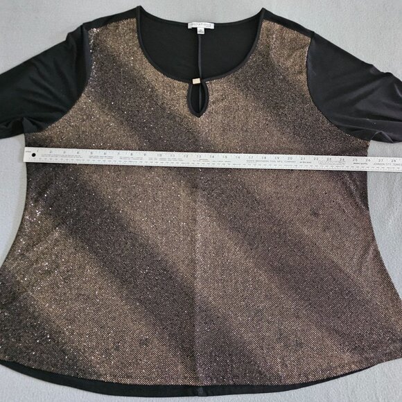 Notations Woman Top 3X Black Gold Sparkle 3/4 Sleeve Keyhole Neck Rhinestone - Picture 10 of 12